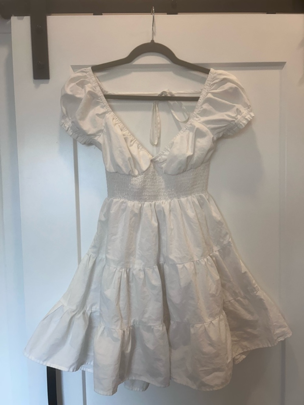 White Backless Puff-Sleeve Smocked Waist Dress